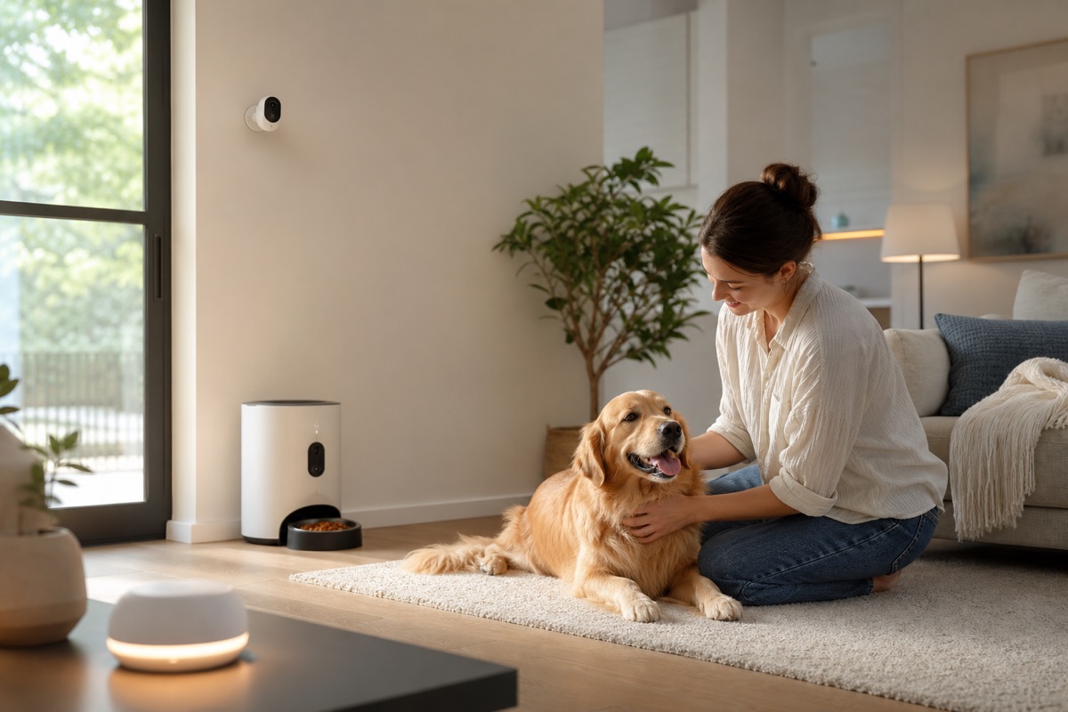 et owner checking a smart home app for pet care, Dog resting in a connected home environment,